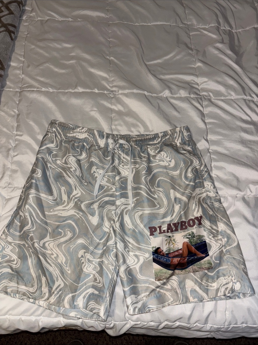PLAYBOY Men's Marble-Print Swim Shorts - Light Gray & White with Graphic